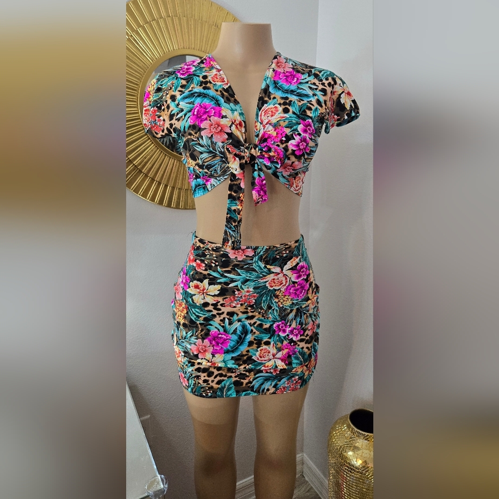 Custom Made NEW Floral Tie-Front Crop Top and Skirt Set